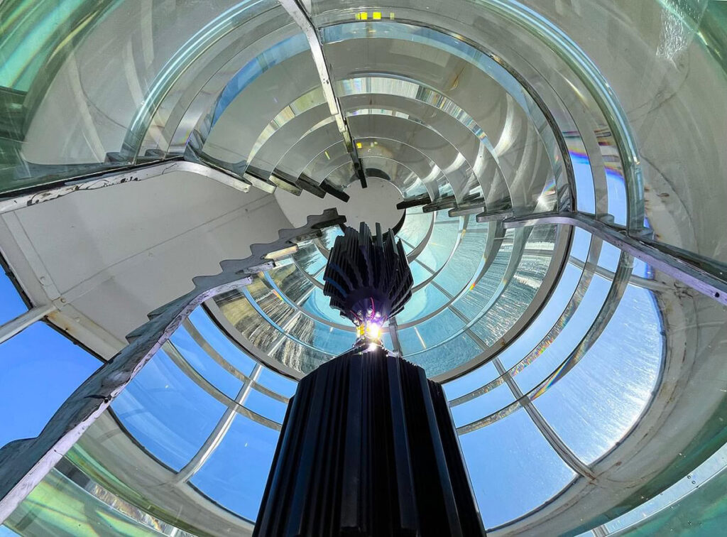 LED bulb inside Fresnel lens at Pemaquid Point Lighthouse